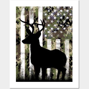 Deer Elk Buck Camouflage Camo US Flag Hunting Posters and Art